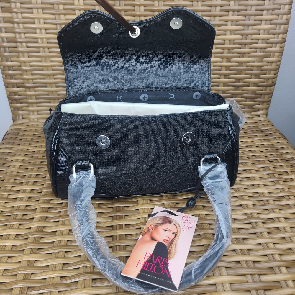 Paris Hilton Black Mini Satchel Bag Purse Structured Handles - Picture 12 of 14